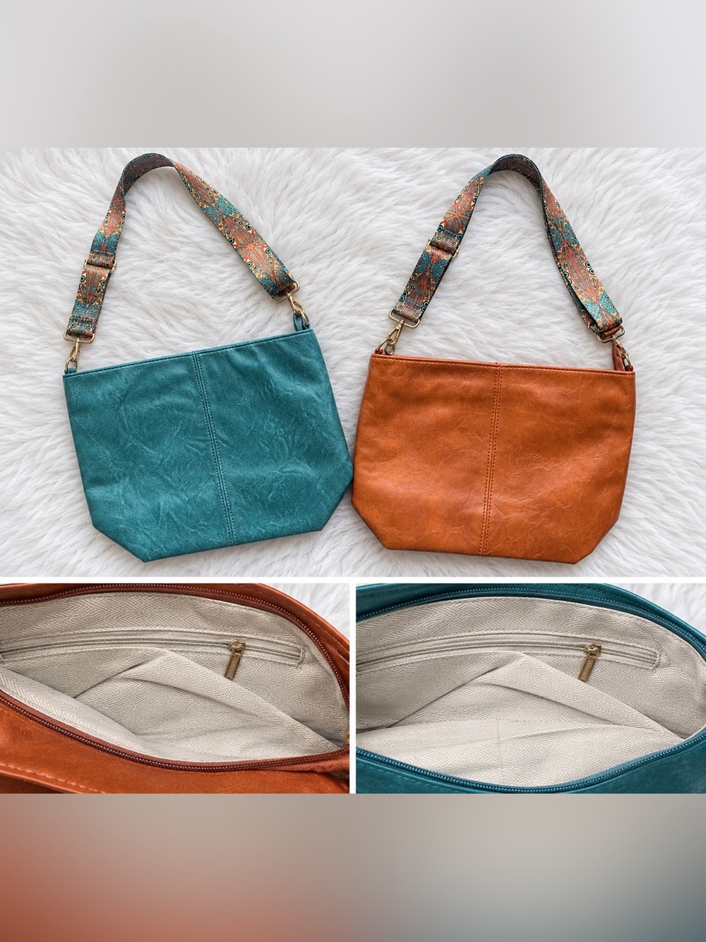 Two Women's Bags with Patterned Strap - Teal / Cognac